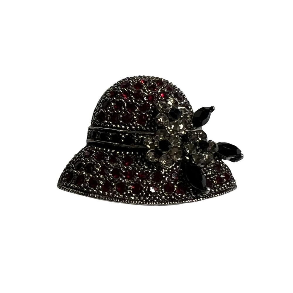 Vintage Style Rhinestone Hat Brooch Red Black Crystal Statement Costume